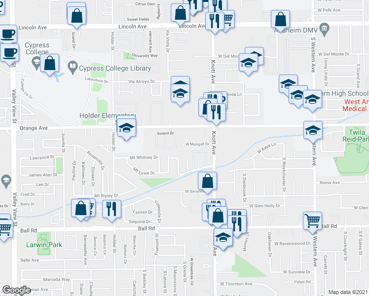 map of restaurants, bars, coffee shops, grocery stores, and more near 9542 Montanza Way in Buena Park