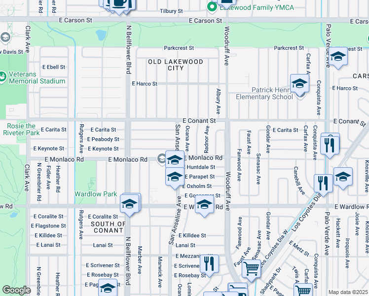 map of restaurants, bars, coffee shops, grocery stores, and more near 3638 San Anseline Avenue in Long Beach