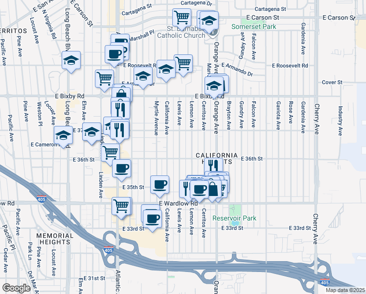 map of restaurants, bars, coffee shops, grocery stores, and more near 3637 Lemon Avenue in Long Beach