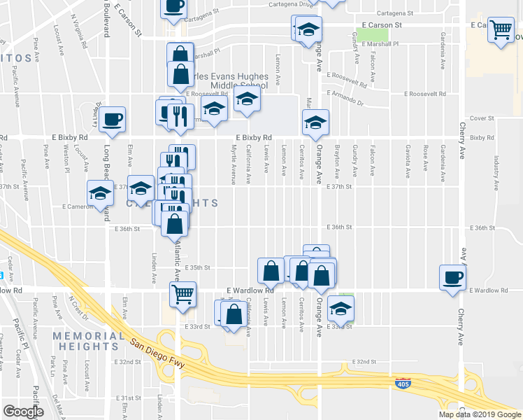 map of restaurants, bars, coffee shops, grocery stores, and more near 929 East 37th Street in Long Beach