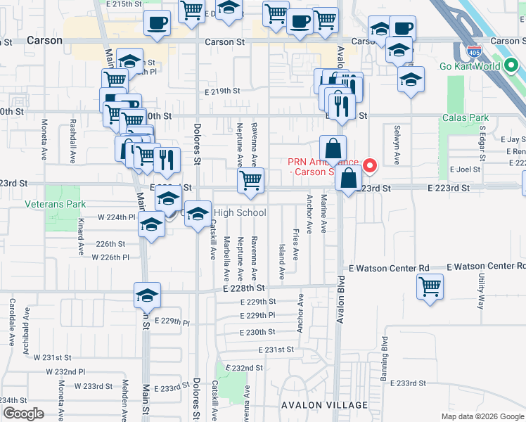 map of restaurants, bars, coffee shops, grocery stores, and more near in Carson