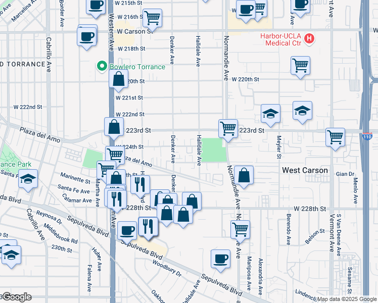 map of restaurants, bars, coffee shops, grocery stores, and more near 1415 West 224th Street in Torrance