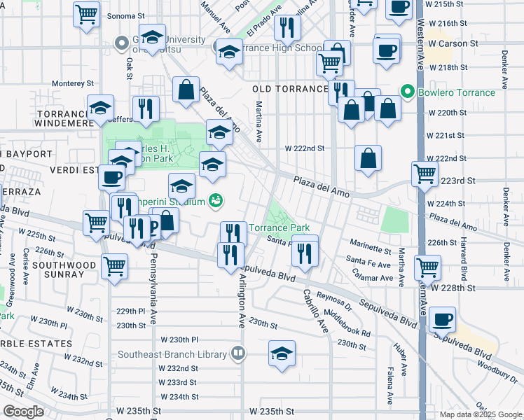 map of restaurants, bars, coffee shops, grocery stores, and more near 2409 Arlington Avenue in Torrance