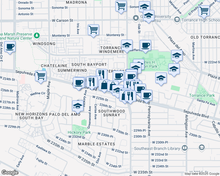 map of restaurants, bars, coffee shops, grocery stores, and more near 2605 Sepulveda Boulevard in Torrance