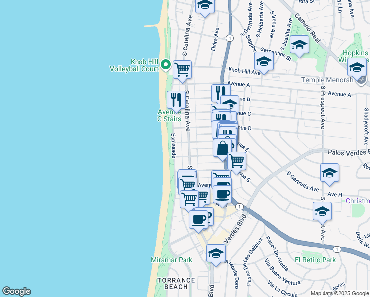 map of restaurants, bars, coffee shops, grocery stores, and more near 125 Avenue E in Redondo Beach