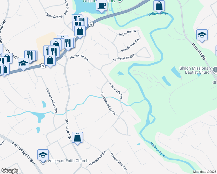 map of restaurants, bars, coffee shops, grocery stores, and more near 2325 Hudson Drive Southwest in Lilburn
