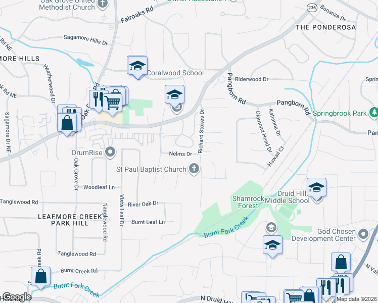 map of restaurants, bars, coffee shops, grocery stores, and more near 1428 Oakridge Circle in Decatur