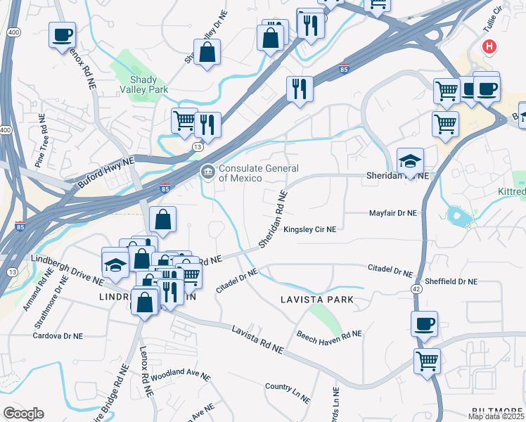 map of restaurants, bars, coffee shops, grocery stores, and more near 1100 Parker Place in Atlanta