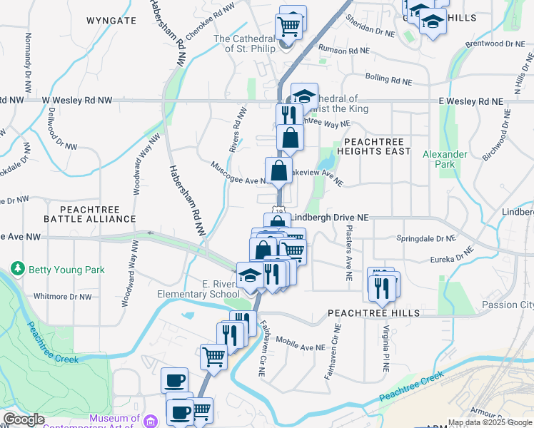 map of restaurants, bars, coffee shops, grocery stores, and more near 2520 Peachtree Road Northwest in Atlanta