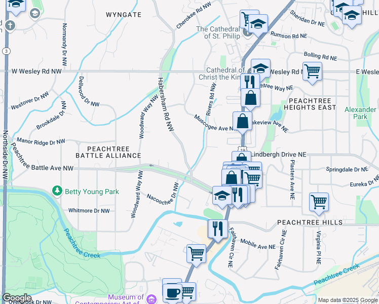 map of restaurants, bars, coffee shops, grocery stores, and more near 2515 Habersham Road Northwest in Atlanta