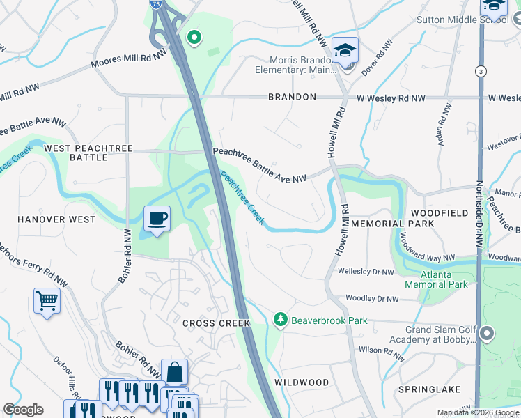 map of restaurants, bars, coffee shops, grocery stores, and more near 1004 Peachtree Battle Circle Northwest in Atlanta
