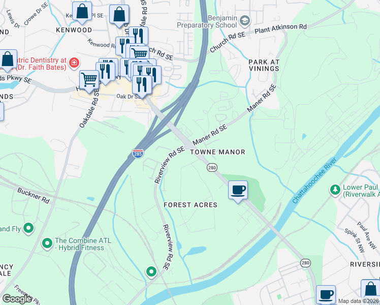 map of restaurants, bars, coffee shops, grocery stores, and more near 2288 Riverview Road Southeast in Mableton