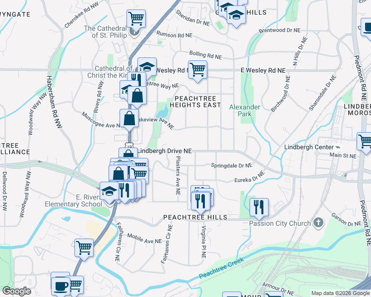 map of restaurants, bars, coffee shops, grocery stores, and more near 150 Lindbergh Drive Northeast in Atlanta
