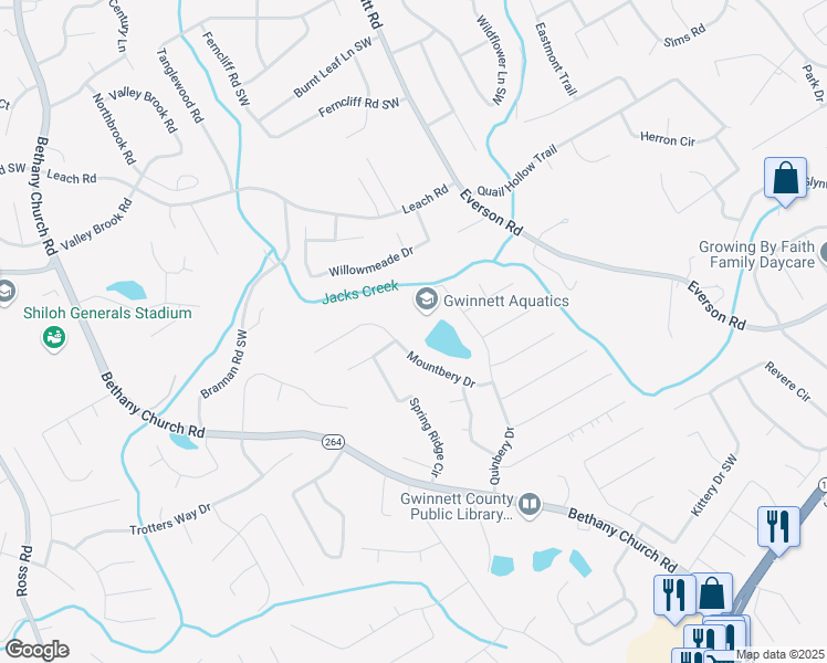 map of restaurants, bars, coffee shops, grocery stores, and more near 2808 Mountbery Drive in Snellville