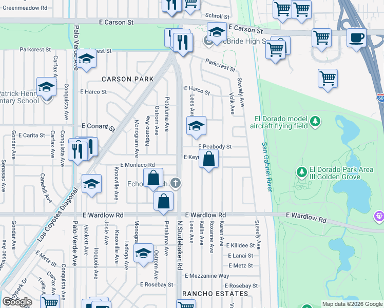 map of restaurants, bars, coffee shops, grocery stores, and more near 6923 East Keynote Street in Long Beach