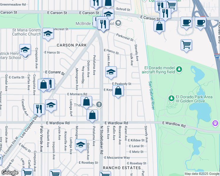 map of restaurants, bars, coffee shops, grocery stores, and more near 6927 East Keynote Street in Long Beach