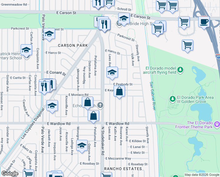 map of restaurants, bars, coffee shops, grocery stores, and more near 6923 East Keynote Street in Long Beach