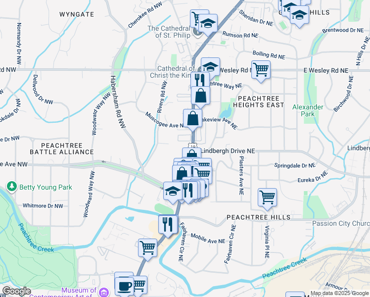 map of restaurants, bars, coffee shops, grocery stores, and more near 2520 Peachtree Road Northwest in Atlanta