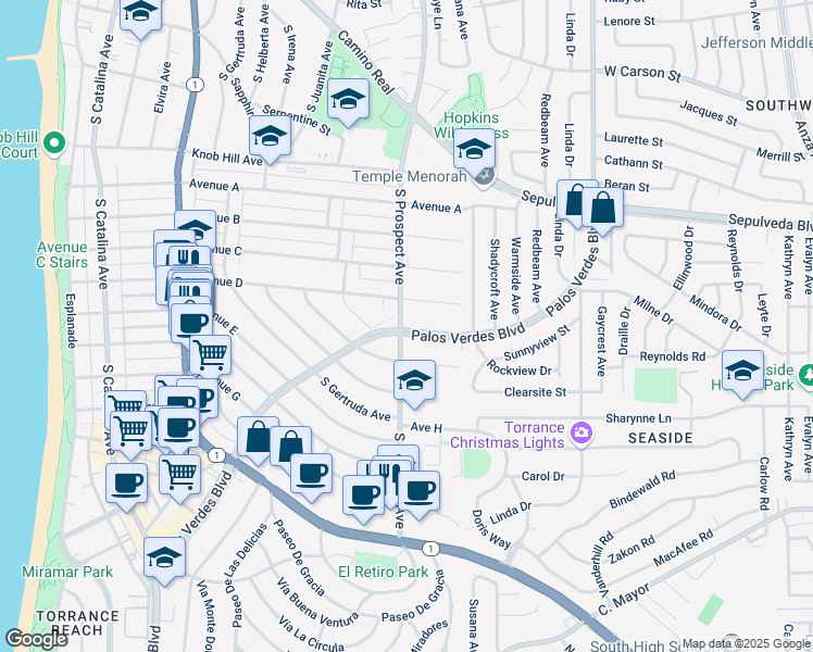 map of restaurants, bars, coffee shops, grocery stores, and more near 1228 South Prospect Avenue in Redondo Beach