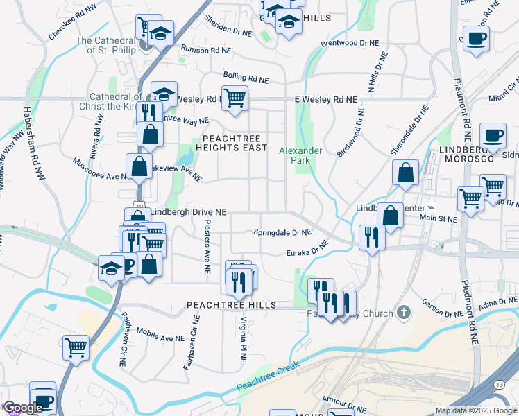 map of restaurants, bars, coffee shops, grocery stores, and more near 230 Lindbergh Drive Northeast in Atlanta