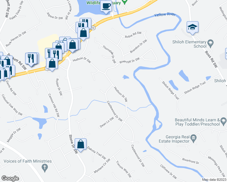map of restaurants, bars, coffee shops, grocery stores, and more near 2325 Hudson Drive Southwest in Lilburn