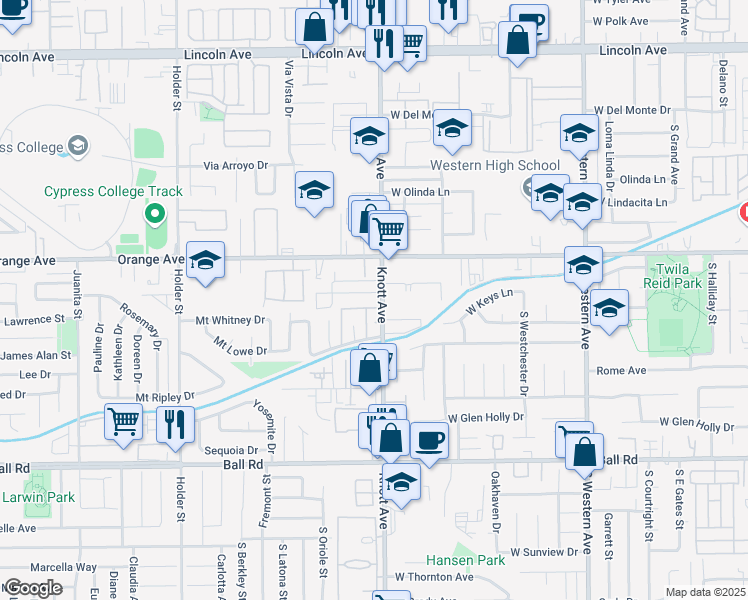 map of restaurants, bars, coffee shops, grocery stores, and more near 3504 West Mungall Drive in Anaheim