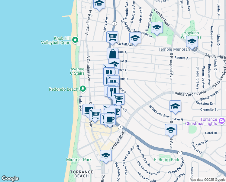 map of restaurants, bars, coffee shops, grocery stores, and more near 1304 1/2 South Pacific Coast Highway in Redondo Beach
