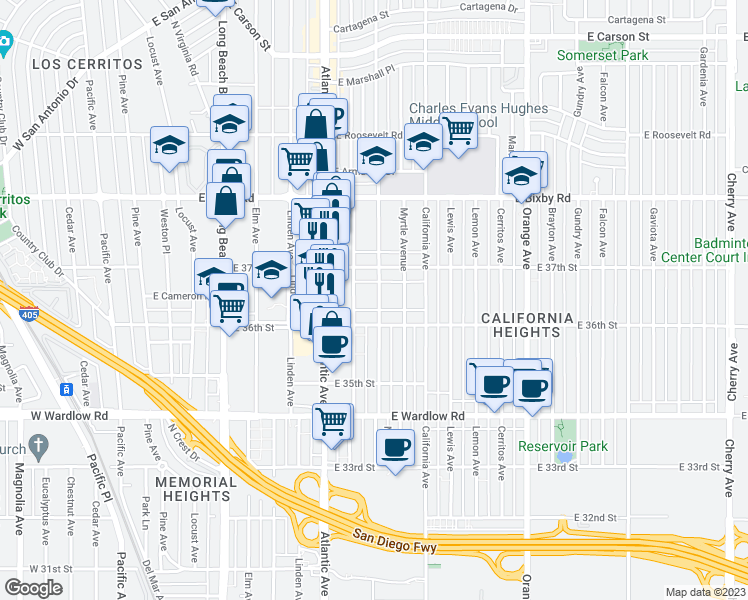 map of restaurants, bars, coffee shops, grocery stores, and more near 3623 Olive Avenue in Long Beach