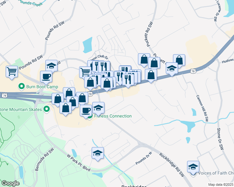 map of restaurants, bars, coffee shops, grocery stores, and more near 5210 Stone Mountain Highway in Stone Mountain
