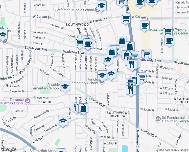 map of restaurants, bars, coffee shops, grocery stores, and more near 22621 Ladeene Avenue in Torrance