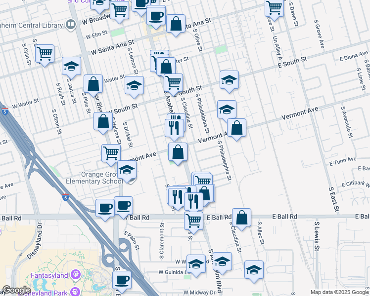map of restaurants, bars, coffee shops, grocery stores, and more near 900 South Anaheim Boulevard in Anaheim