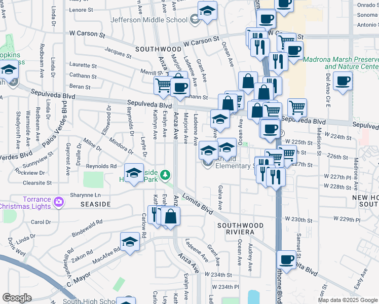 map of restaurants, bars, coffee shops, grocery stores, and more near 22620 Marjorie Avenue in Torrance