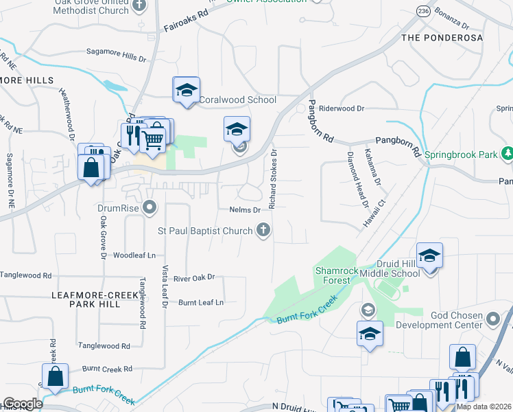 map of restaurants, bars, coffee shops, grocery stores, and more near 1428 Oakridge Circle in Decatur