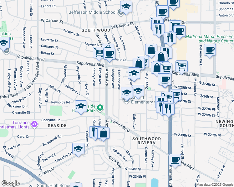 map of restaurants, bars, coffee shops, grocery stores, and more near 22621 Ladeene Avenue in Torrance