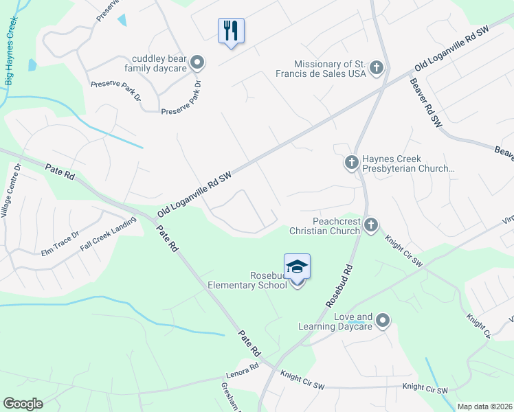 map of restaurants, bars, coffee shops, grocery stores, and more near 1795 Logan Ridge Circle in Loganville