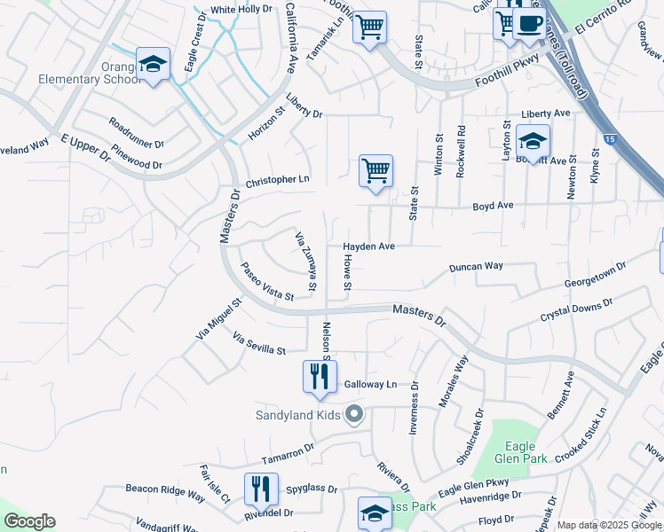map of restaurants, bars, coffee shops, grocery stores, and more near 3702 Howe Street in Corona