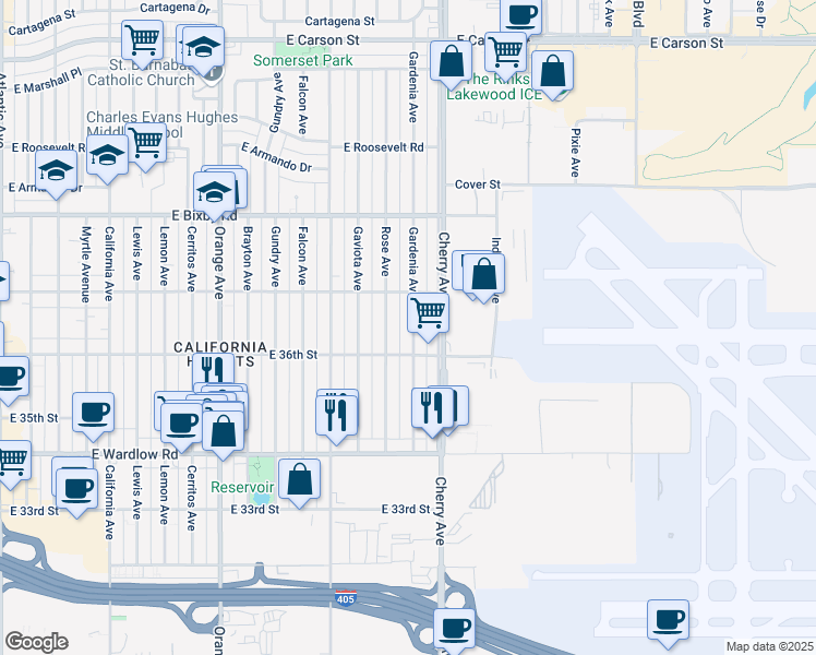 map of restaurants, bars, coffee shops, grocery stores, and more near 3625 Gardenia Avenue in Long Beach