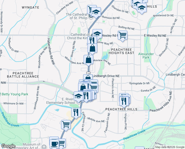 map of restaurants, bars, coffee shops, grocery stores, and more near 2499 Peachtree Road Northeast in Atlanta