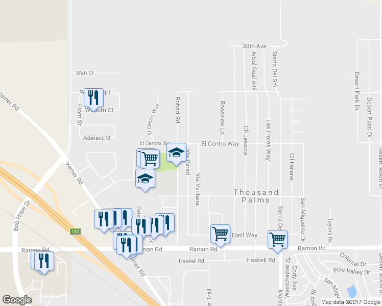 map of restaurants, bars, coffee shops, grocery stores, and more near 31112 Vía Pared in Thousand Palms
