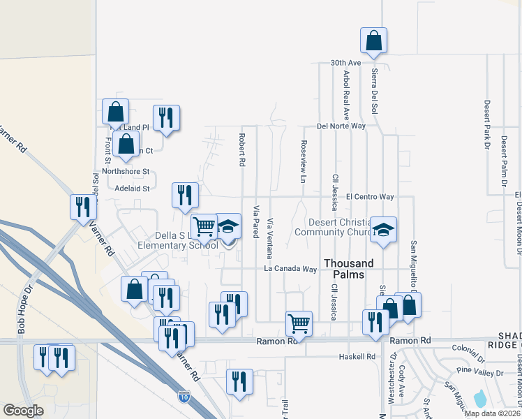 map of restaurants, bars, coffee shops, grocery stores, and more near 31112 Vía Pared in Thousand Palms