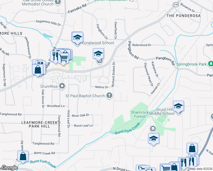 map of restaurants, bars, coffee shops, grocery stores, and more near 1428 Oakridge Circle in Decatur