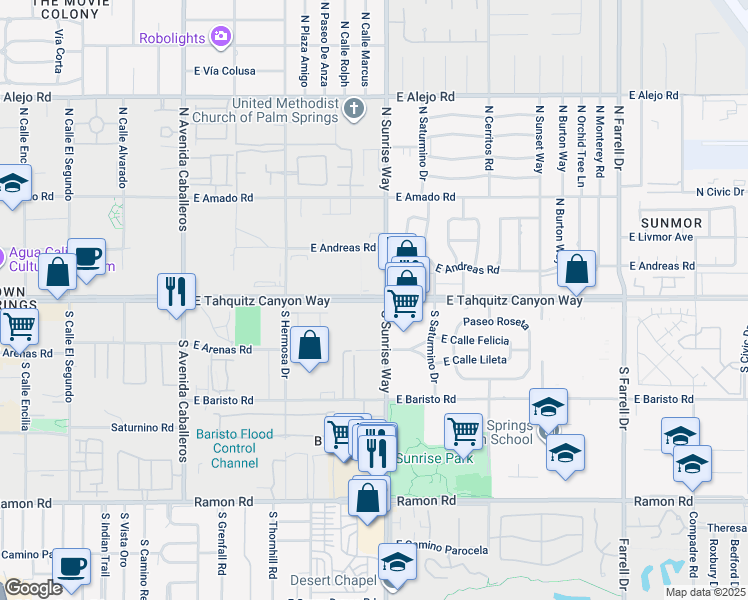 map of restaurants, bars, coffee shops, grocery stores, and more near East Tahquitz Canyon Way in Palm Springs
