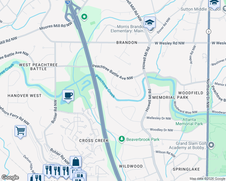 map of restaurants, bars, coffee shops, grocery stores, and more near 1004 Peachtree Battle Circle Northwest in Atlanta