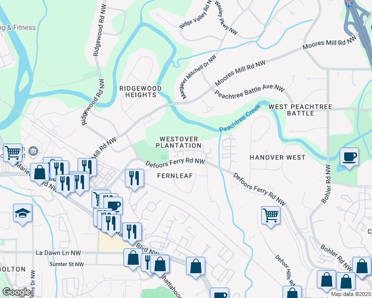 map of restaurants, bars, coffee shops, grocery stores, and more near 1 North Boundary Place Northwest in Atlanta