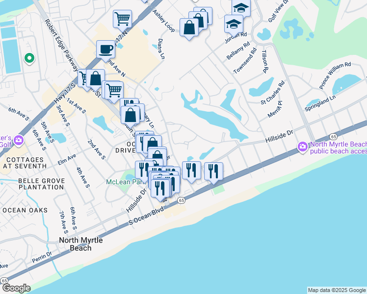 map of restaurants, bars, coffee shops, grocery stores, and more near 601 North Hillside Drive in North Myrtle Beach