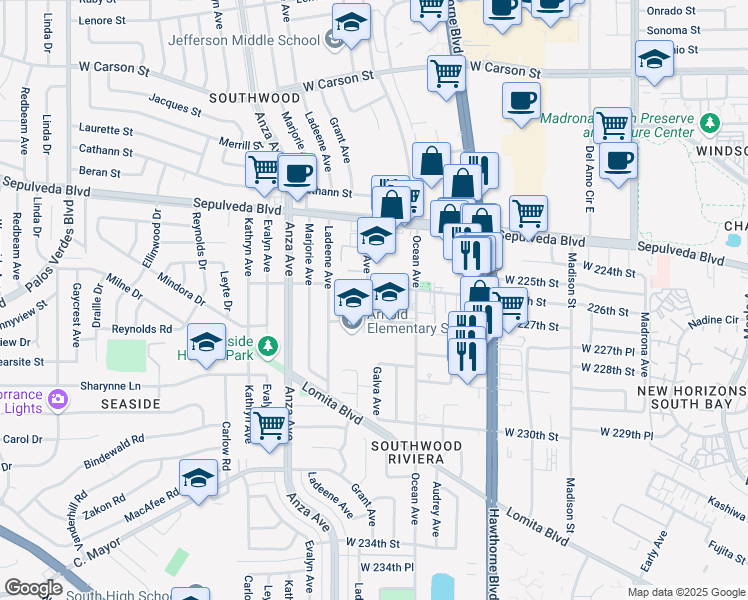 map of restaurants, bars, coffee shops, grocery stores, and more near 4054 West 226th Street in Torrance
