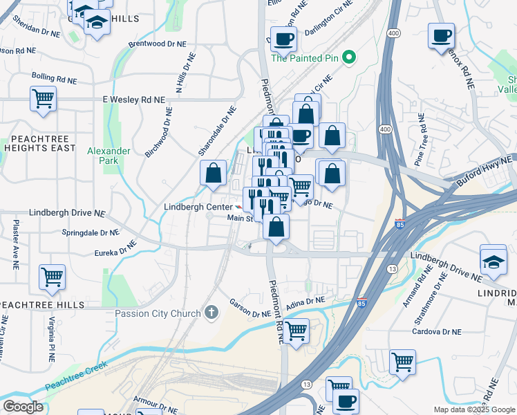 map of restaurants, bars, coffee shops, grocery stores, and more near 2500 Piedmont Road Northeast in Atlanta