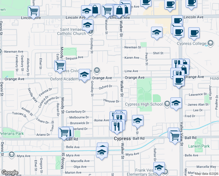 map of restaurants, bars, coffee shops, grocery stores, and more near 5447 Oxford Drive in Cypress