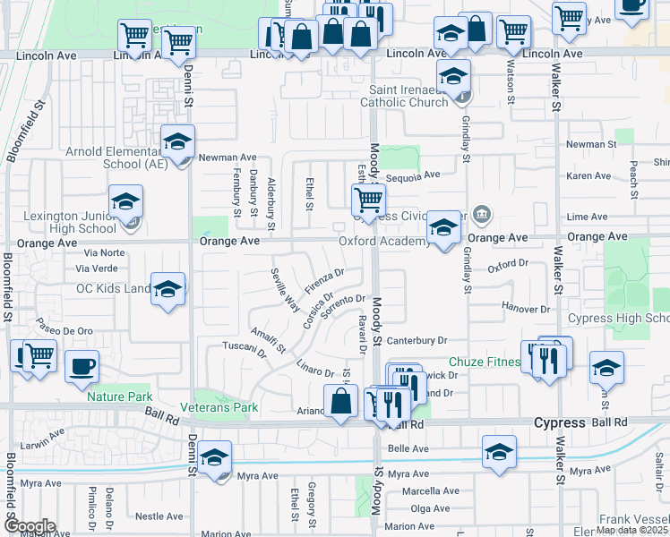 map of restaurants, bars, coffee shops, grocery stores, and more near 9574 Tivoli Circle in Cypress