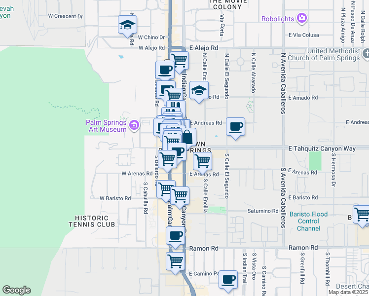 map of restaurants, bars, coffee shops, grocery stores, and more near in Palm Springs